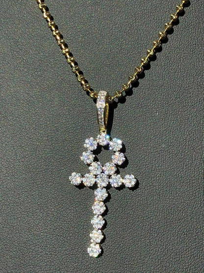 HarlemBling Diamond Ankh Cross Tennis Pendant Real 14k Gold Over Solid 925 Sterling Silver