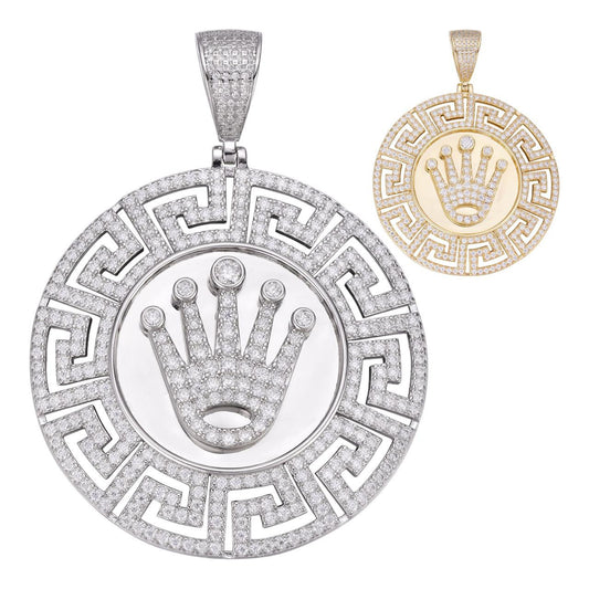 HarlemBling Diamond King Crown Medallion Pendant - 14k Gold Vermeil Or 925 Silver - CZ Stones - Large 2.5"