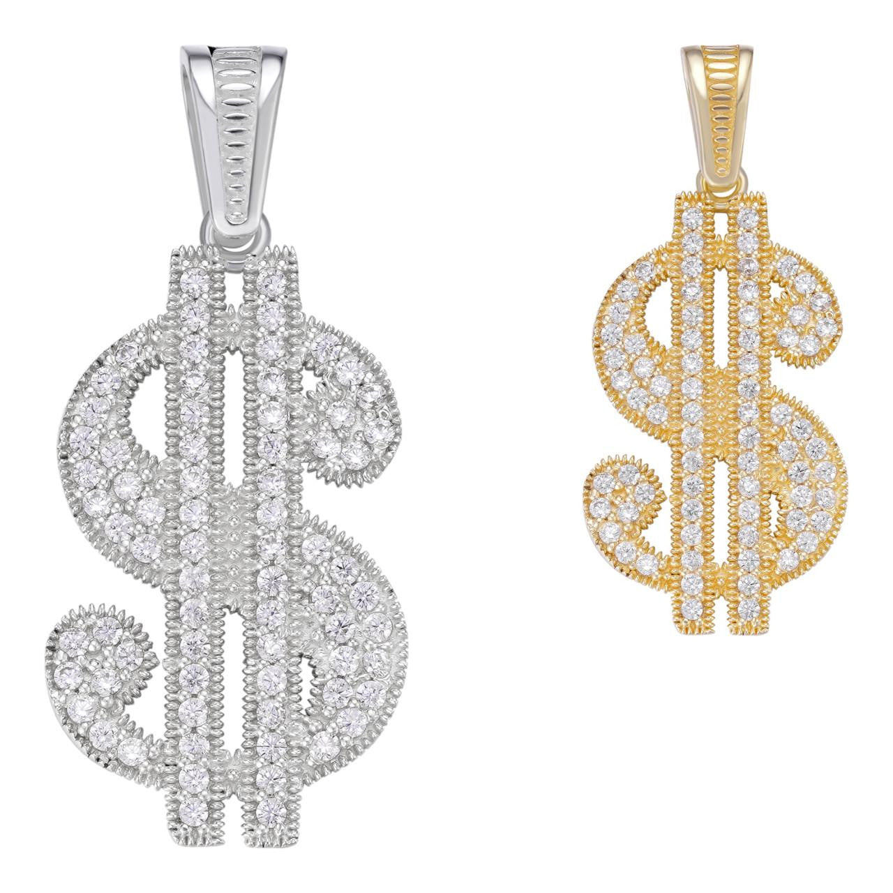 HarlemBling Dollar $ Sign Money Hip Hop Pendant - 14k Gold Vermeil Or 925 Silver - CZ Stones - Medium 1.75"