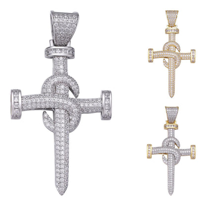 HarlemBling Dollar Nail Baguette Hip Hop Cross Pendant - 14k Gold Vermeil Or 925 Silver - CZ Stones - Medium 2"