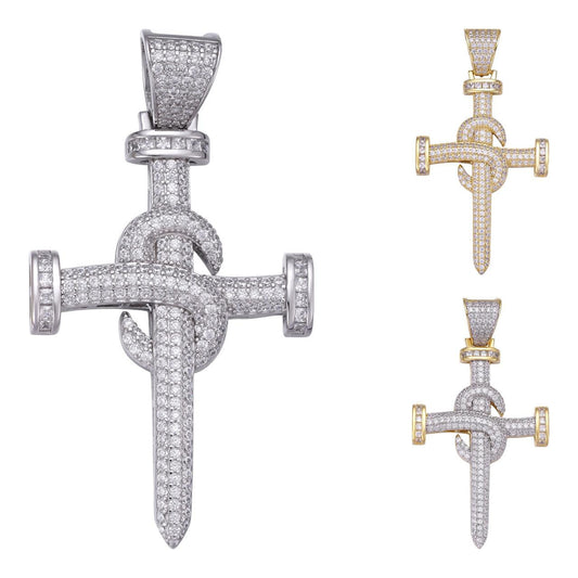 HarlemBling Dollar Nail Baguette Hip Hop Cross Pendant - 14k Gold Vermeil Or 925 Silver - CZ Stones - Medium 2"