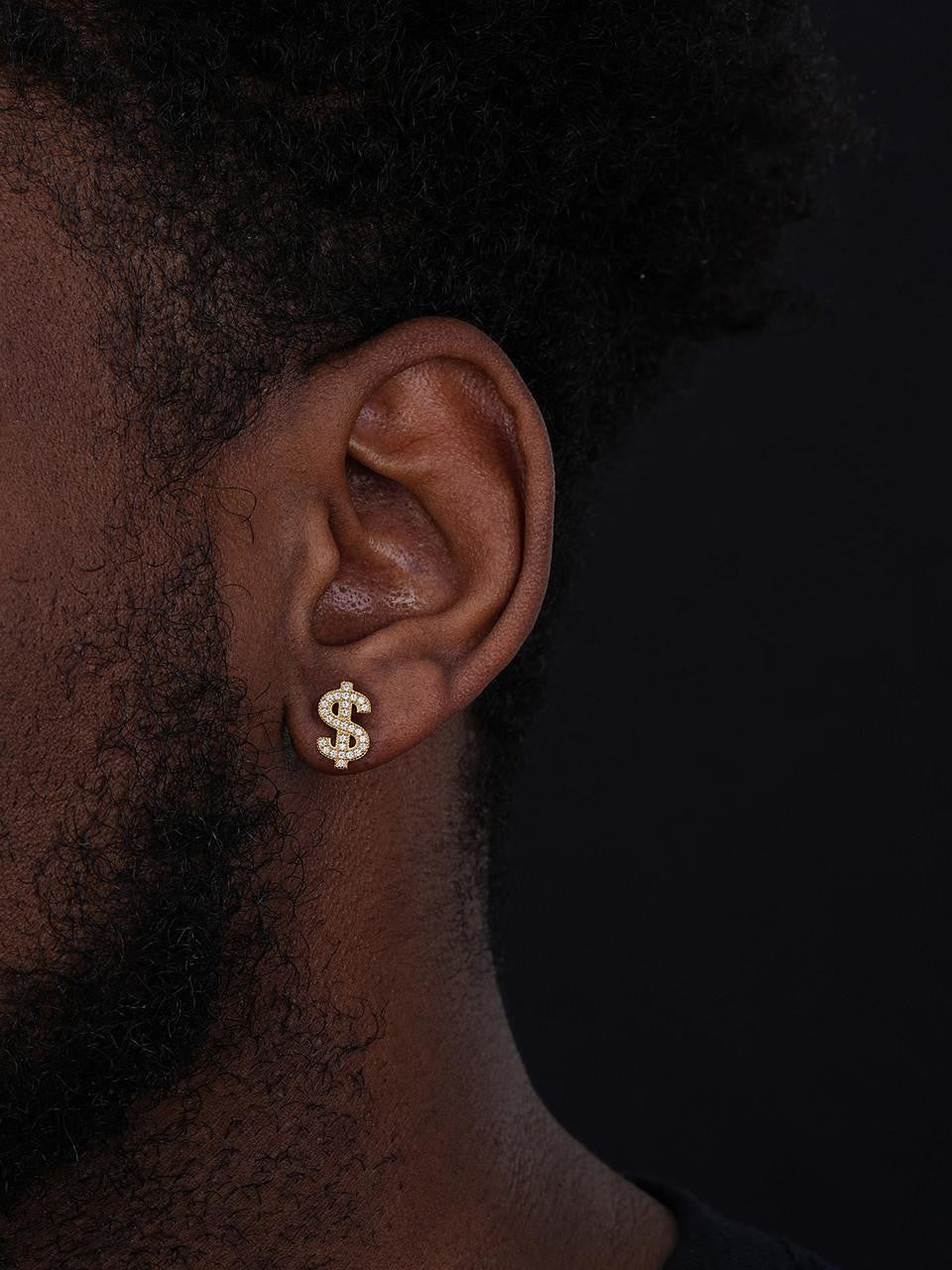 HarlemBling Dollar Sign Iced Out Earrings - 14k Gold Vermeil 925 Silver - CZ Stones - 7.5x13.5mm