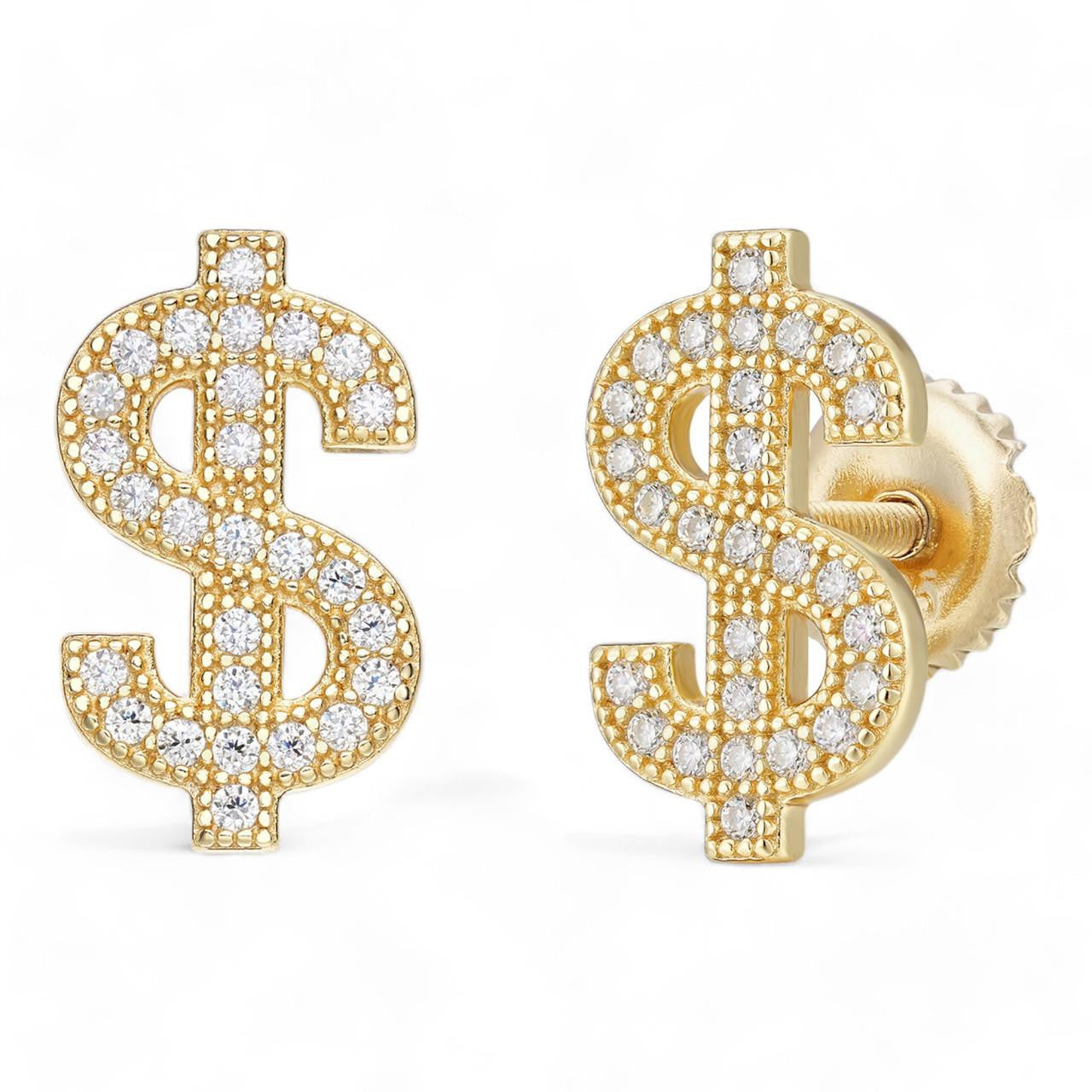 HarlemBling Dollar Sign Iced Out Earrings - 14k Gold Vermeil 925 Silver - CZ Stones - 7.5x13.5mm