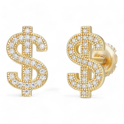 HarlemBling Dollar Sign Iced Out Earrings - 14k Gold Vermeil 925 Silver - CZ Stones - 7.5x13.5mm
