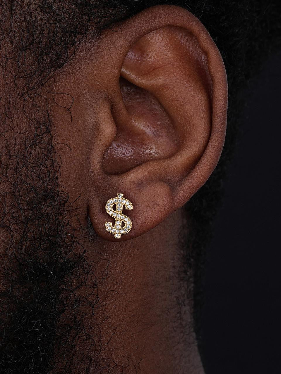 HarlemBling Dollar Sign Iced Out Earrings - 14k Gold Vermeil 925 Silver - CZ Stones - 7.5x13.5mm