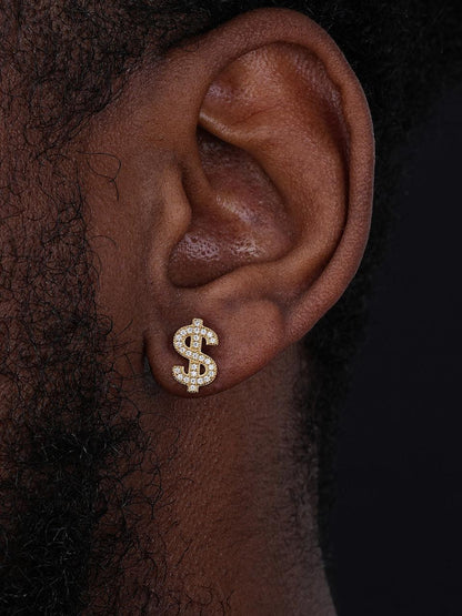 HarlemBling Dollar Sign Iced Out Earrings - 14k Gold Vermeil 925 Silver - CZ Stones - 7.5x13.5mm