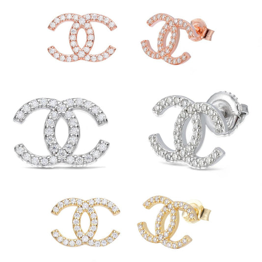 HarlemBling Double C Fashionista Iced Out Earrings - 14k Yellow Or Rose Gold Vermeil Or 925 Silver - 8.5x12mm