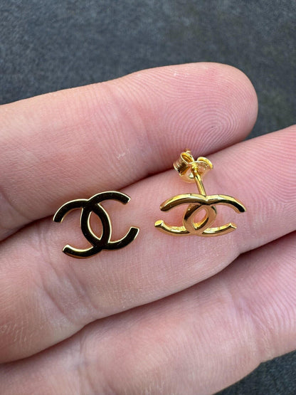 HarlemBling Double C Ladies Plain Earrings Real 925 Silver 14k Yellow/Rose Gold Chanel