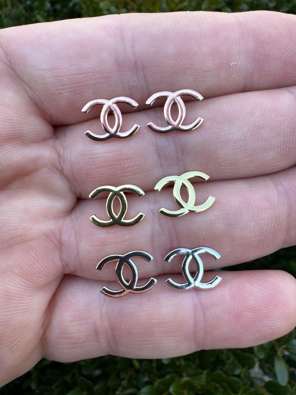 HarlemBling Double C Ladies Plain Earrings Real 925 Silver 14k Yellow/Rose Gold Chanel