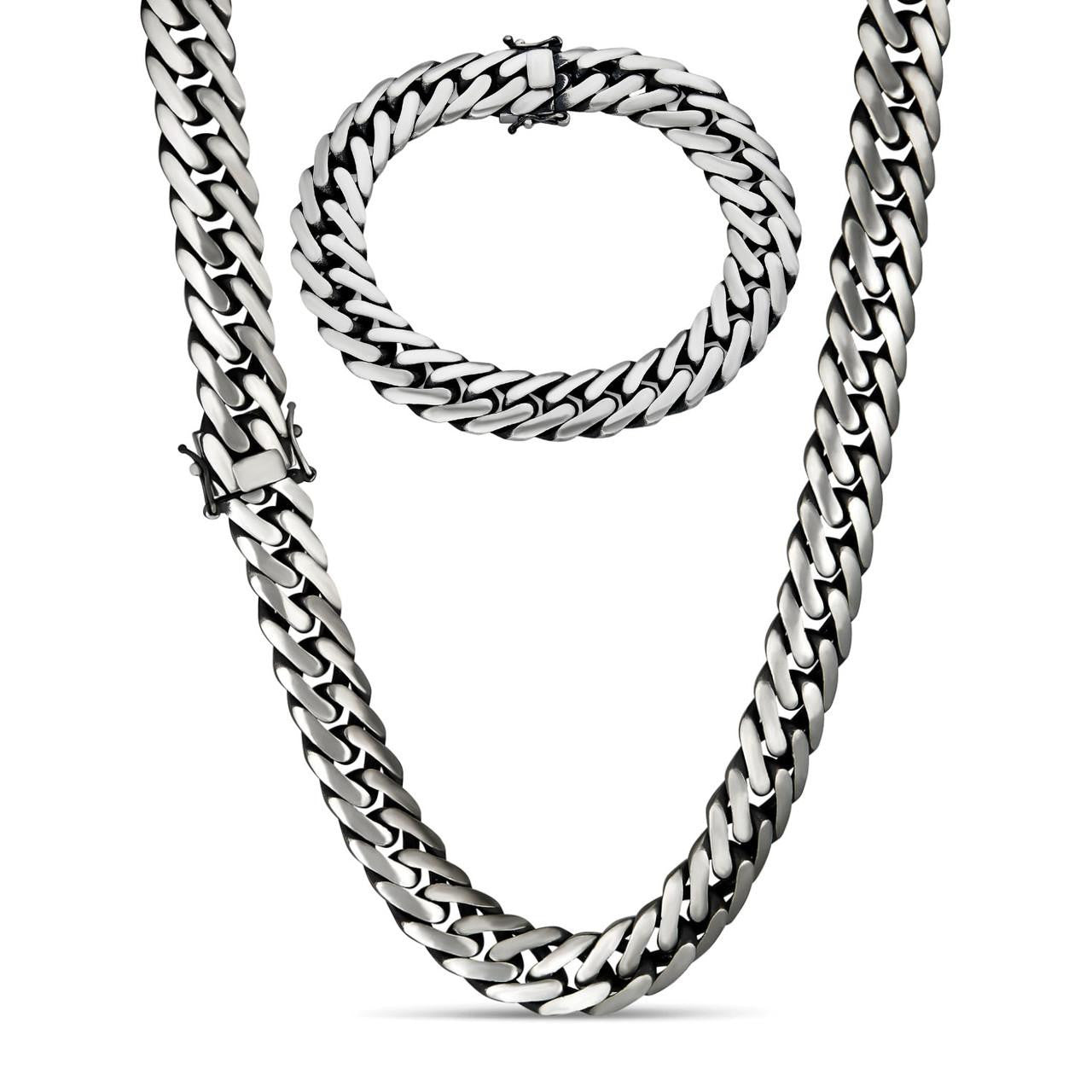 HarlemBling Double Curb Cuban Link Chain Necklace Or Bracelet - Oxidized 925 Sterling Silver - 7"-30" - 12mm