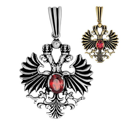 HarlemBling Double Headed Eagle Symbol Pendant - 14k Gold Vermeil Or Oxidized 925 Silver - Red CZ Stone - Small 1.5"