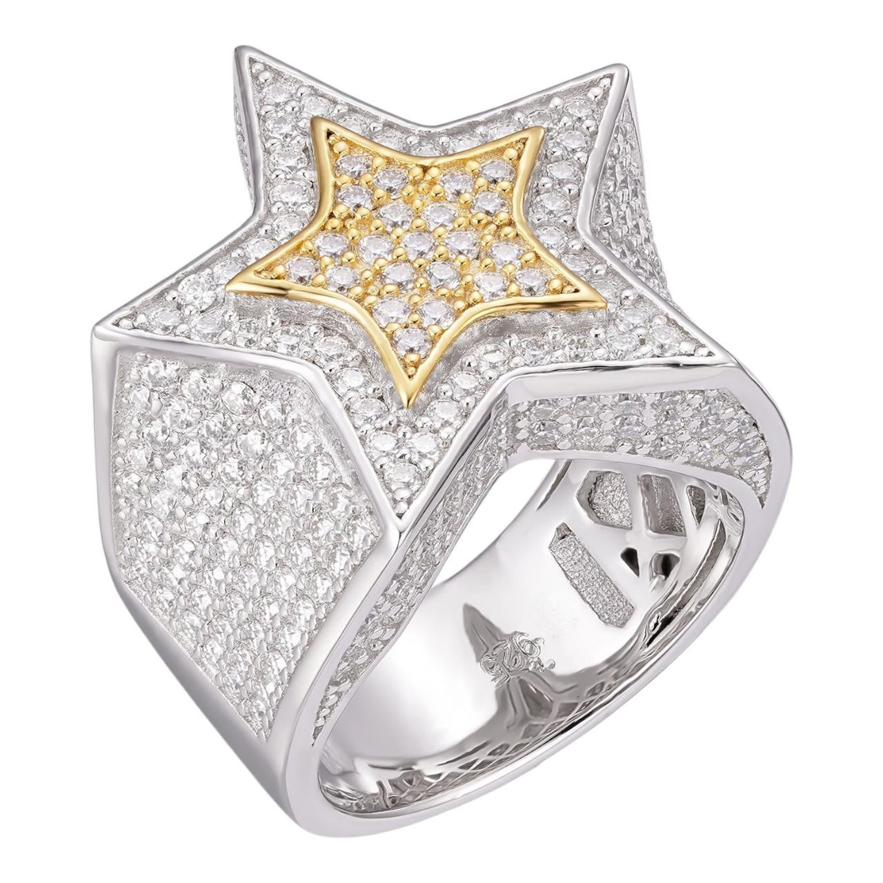 HarlemBling Double Superstar Rapper Ring - 925 Silver Two Tone W. Gold- CZ Stones
