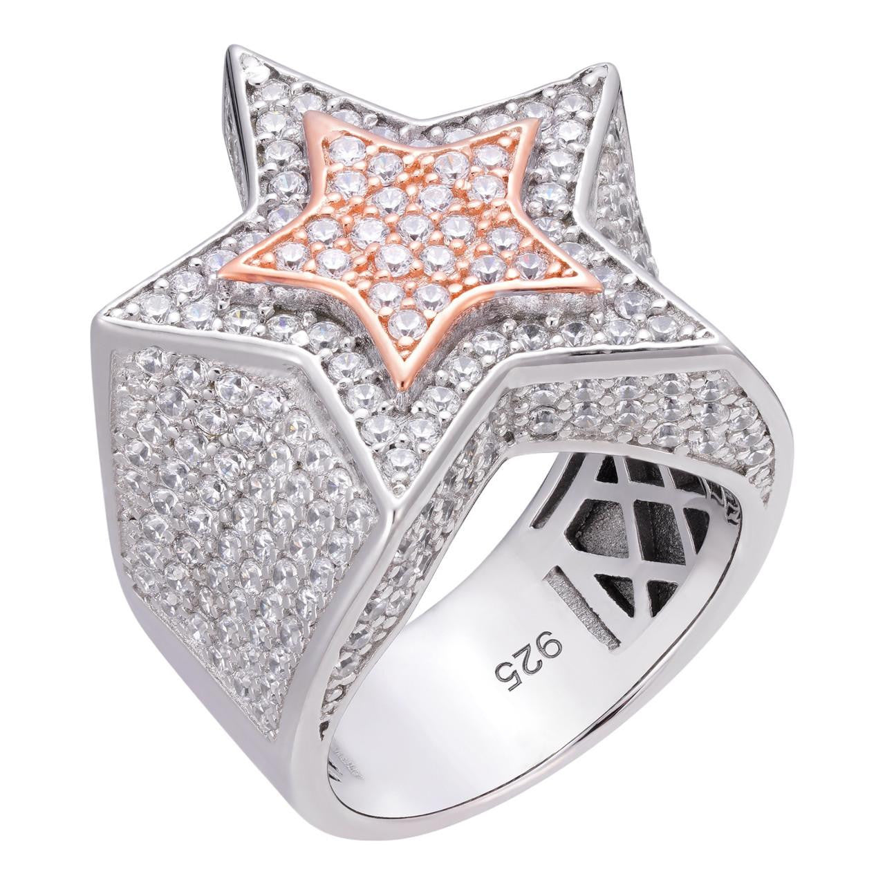Men's Hip Hop 3D STAR Solid Rose Gold & 925 Silver Diamond Pinky RING ...