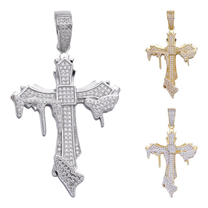 HarlemBling Dripping Flooded Iced Out Cross Pendant - 14k Gold Vermeil Or 925 Silver - CZ Stones - Medium 2"