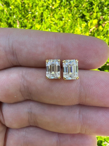 HarlemBling Emerald Cut Real Moissanite Solitaire Stud Earrings 14ct Gold Plated 925 Silver