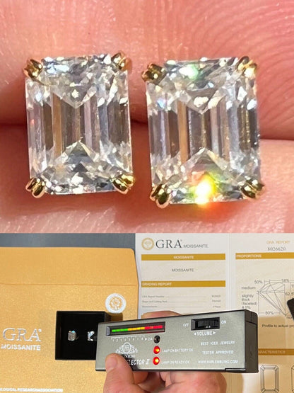 HarlemBling Emerald Cut Real Moissanite Solitaire Stud Earrings 14ct Gold Plated 925 Silver