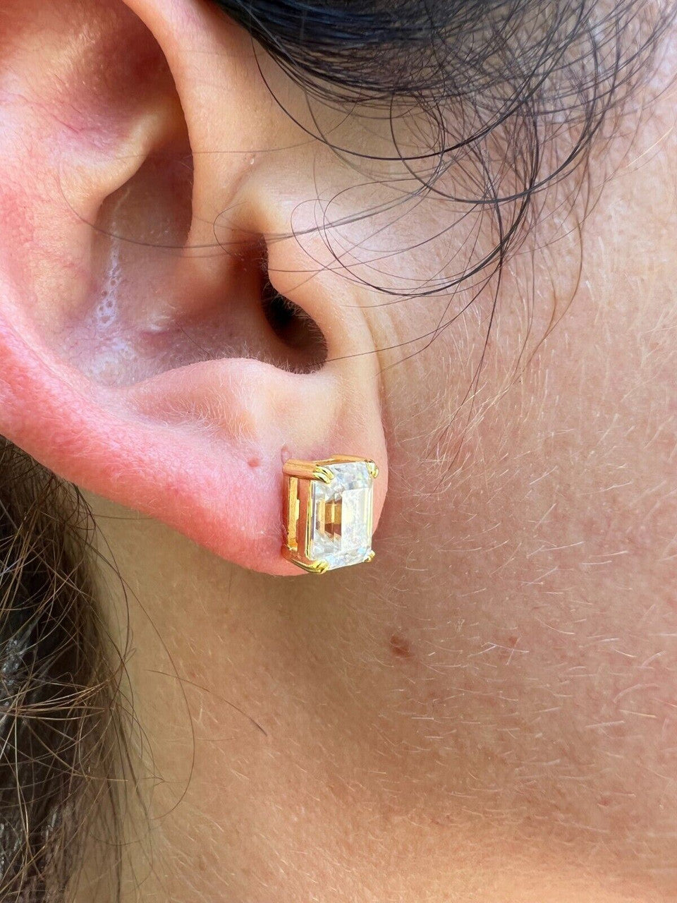 HarlemBling Emerald Cut Real Moissanite Solitaire Stud Earrings 14ct Gold Plated 925 Silver