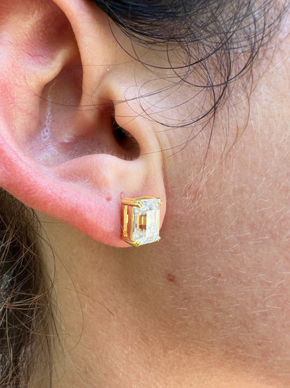 HarlemBling Emerald Cut Real Moissanite Solitaire Stud Earrings 14ct Gold Plated 925 Silver
