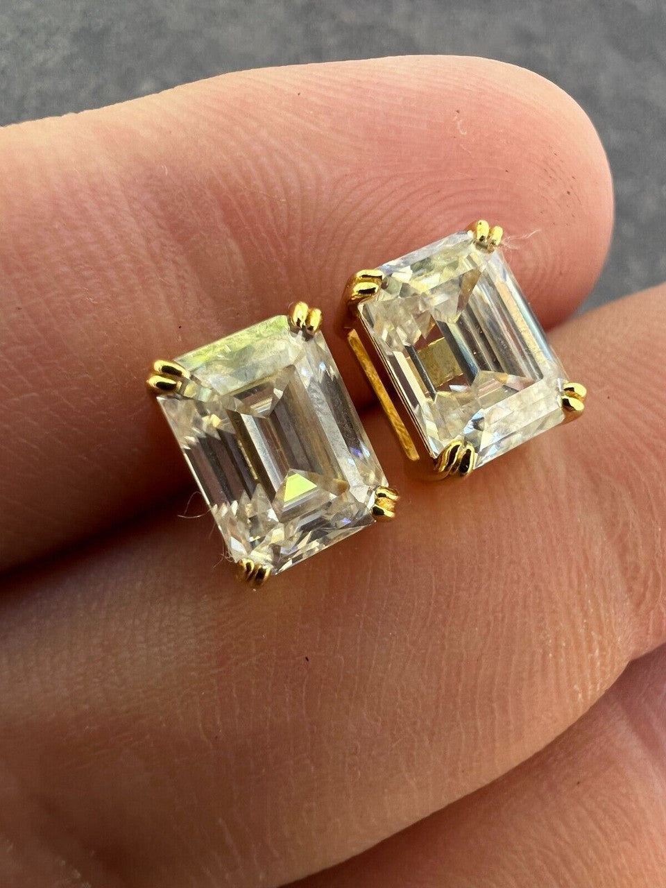 HarlemBling Emerald Cut Real Moissanite Solitaire Stud Earrings 14ct Gold Plated 925 Silver