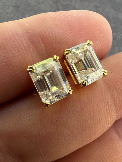 HarlemBling Emerald Cut Real Moissanite Solitaire Stud Earrings 14ct Gold Plated 925 Silver