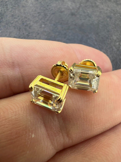 HarlemBling Emerald Cut Real Moissanite Solitaire Stud Earrings 14ct Gold Plated 925 Silver