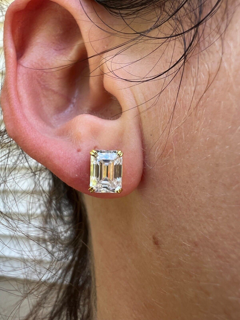 HarlemBling Emerald Cut Real Moissanite Solitaire Stud Earrings 14ct Gold Plated 925 Silver