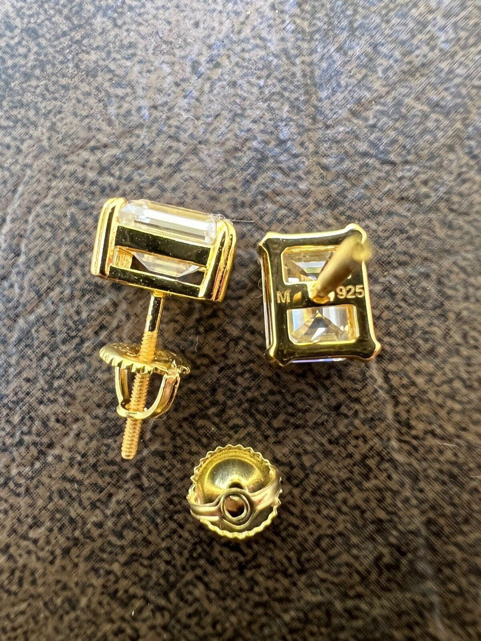 HarlemBling Emerald Cut Real Moissanite Solitaire Stud Earrings 14ct Gold Plated 925 Silver