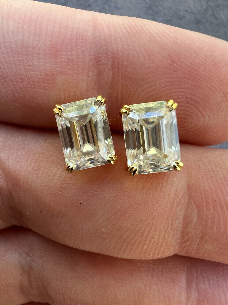 HarlemBling Emerald Cut Real Moissanite Solitaire Stud Earrings 14ct Gold Plated 925 Silver