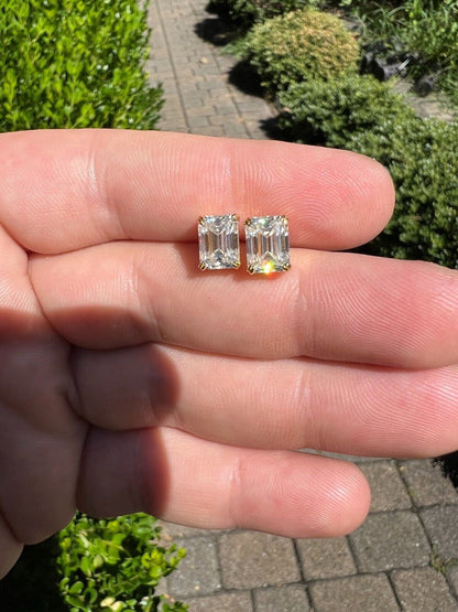HarlemBling Emerald Cut Real Moissanite Solitaire Stud Earrings 14ct Gold Plated 925 Silver