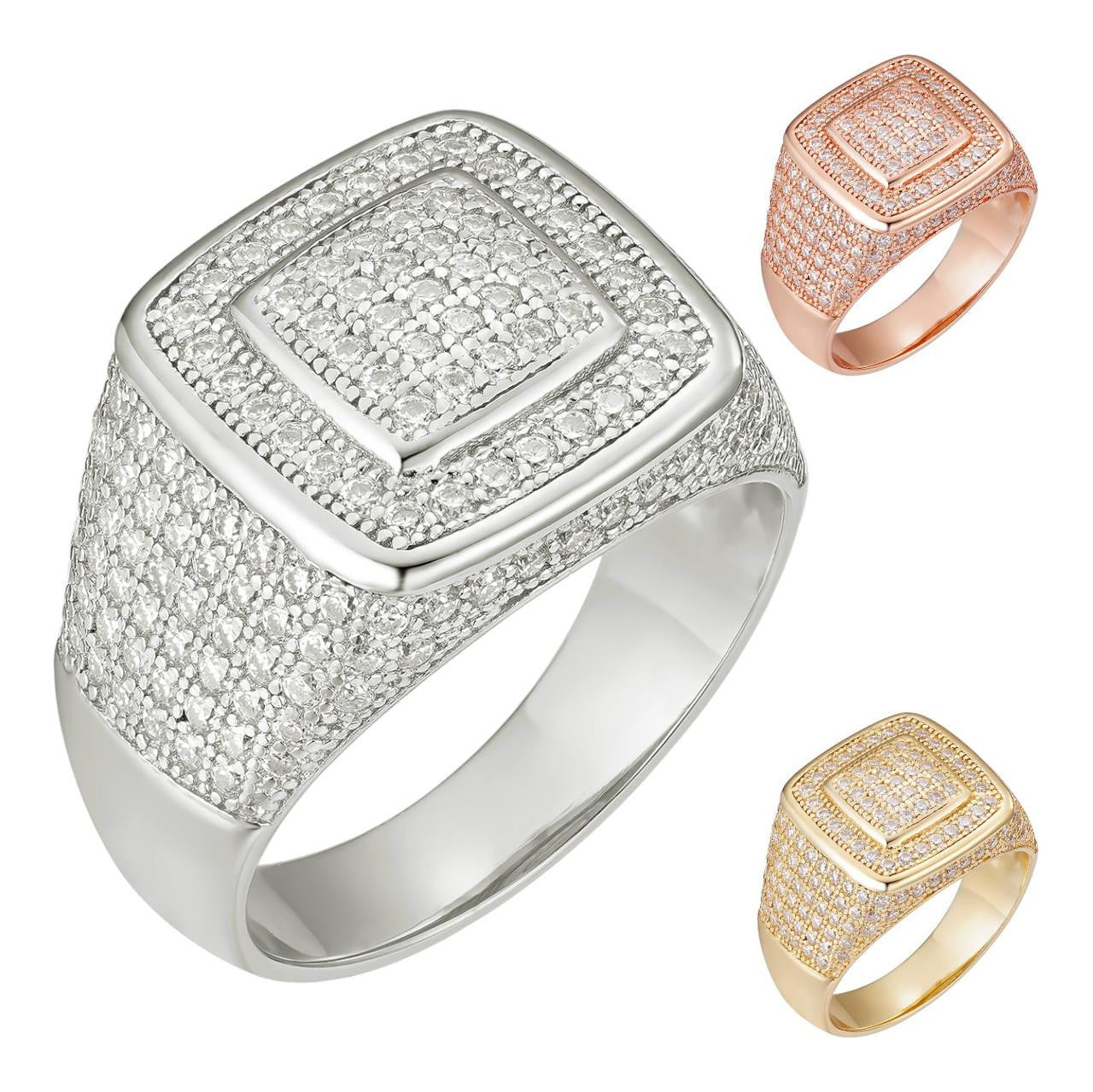 HarlemBling Everyday Classic Square Iced Out Ring - 14k Yellow/Rose/White Gold Vermeil 925 Silver - CZ Stones