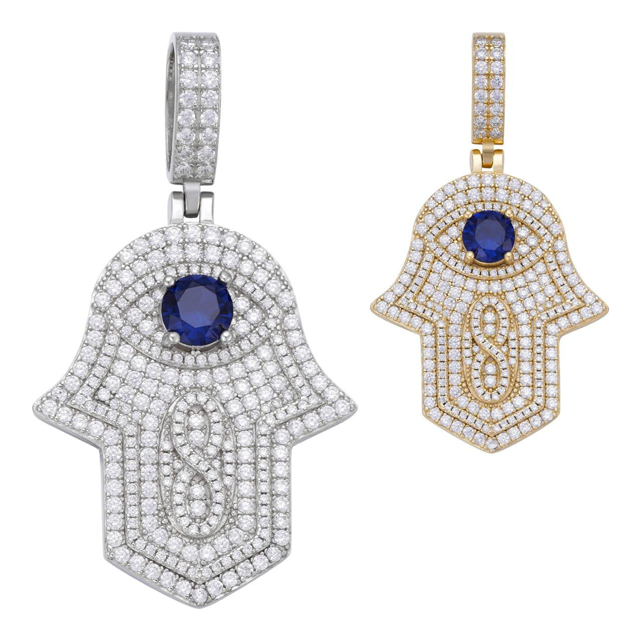 HarlemBling Evil Eye Hamsa Hand Iced Out Pendant - 14k Gold Vermeil Or 925 Silver - CZ Stones - Medium 2"