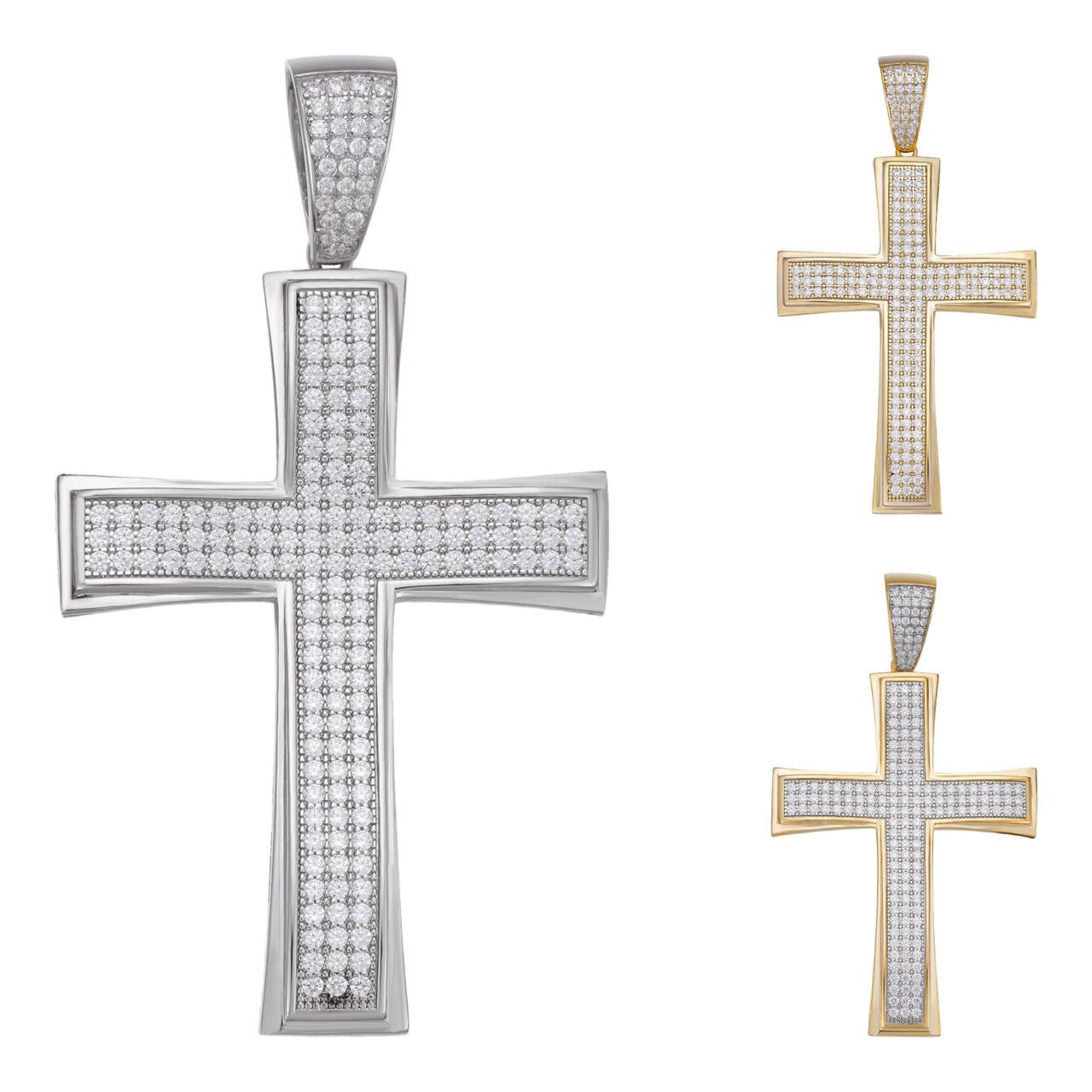HarlemBling Faithful Cross Hip Hop Pendant - 14k Yellow Gold Vermeil Or 925 Silver - CZ Stones - Medium 2"
