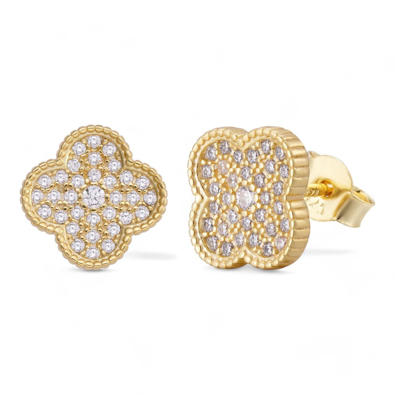 HarlemBling Fashionista Clover Earrings - 14k Gold Vermeil 925 Silver - CZ Stones - 9.5mm