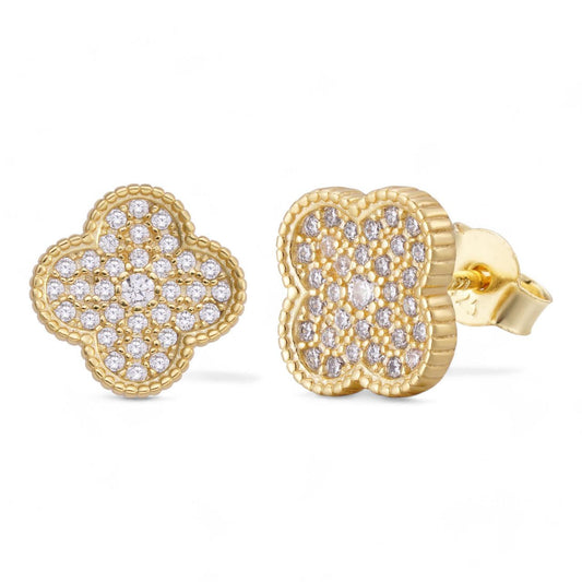 HarlemBling Fashionista Clover Earrings - 14k Gold Vermeil 925 Silver - CZ Stones - 9.5mm
