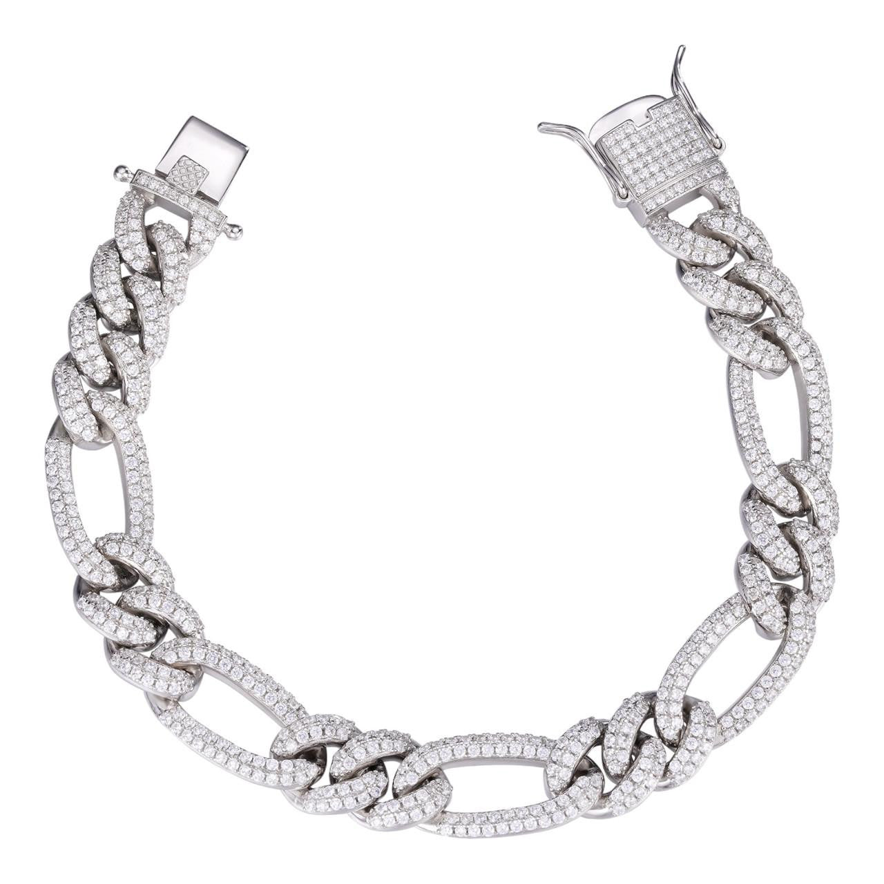 HarlemBling Figaro Link Bracelet Iced Out CZ Stones - 925 Silver - 12mm - 7-8"