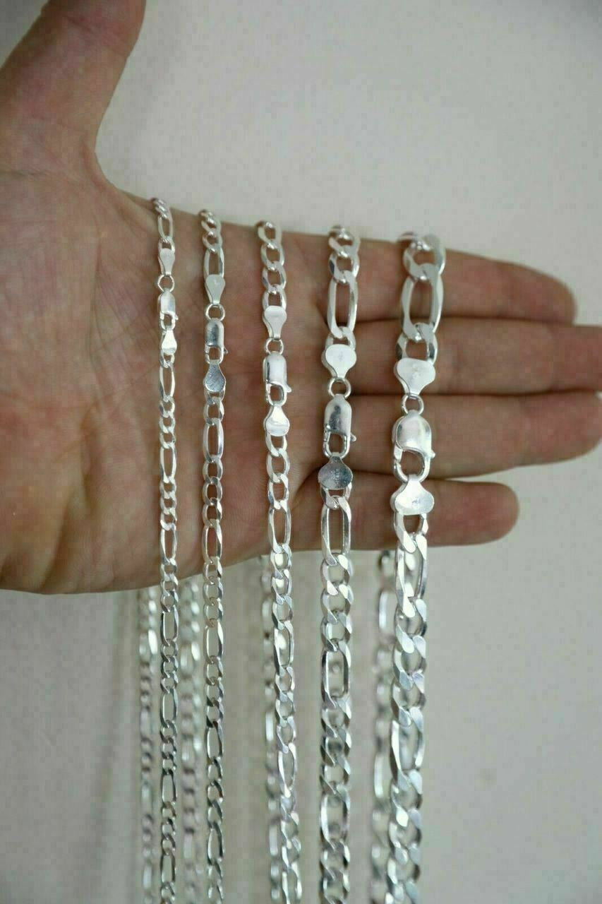 HarlemBling Figaro Link Chain Or Bracelet 4-10mm Solid 925 Sterling Silver UNPLATED