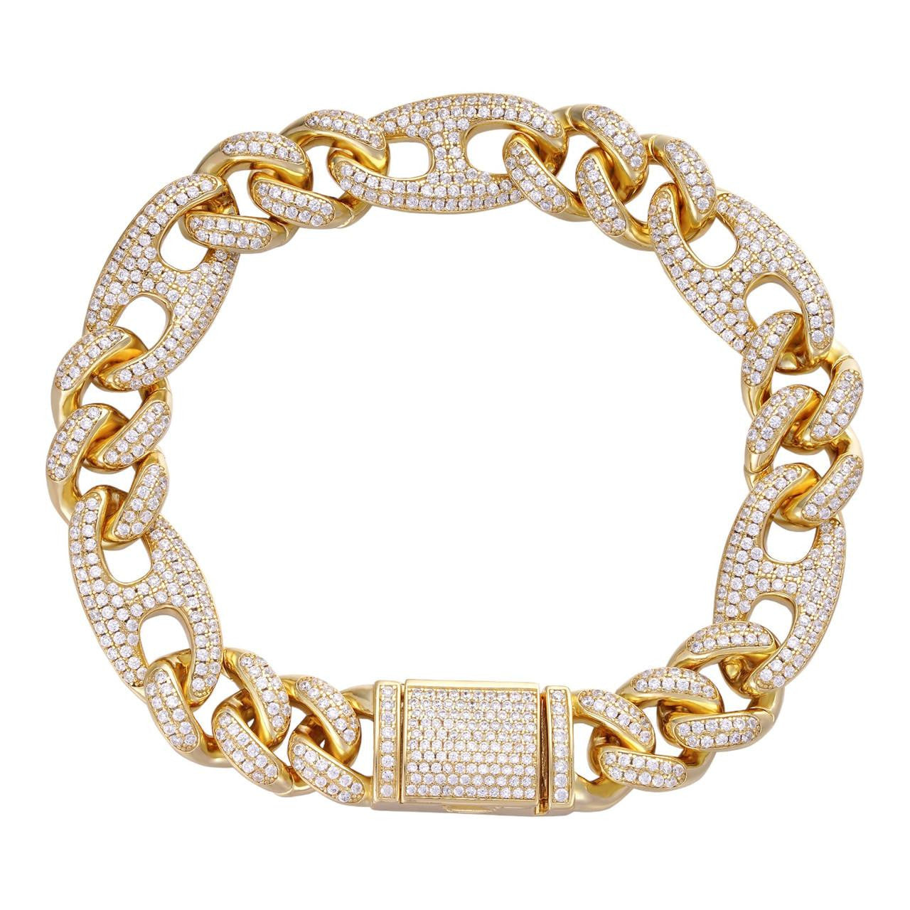 HarlemBling Figarucci Figaro Mariner Cross Link Bracelet Iced Out CZ Stones - 14k Gold Vermeil 925 Silver - 12mm - 8.5"