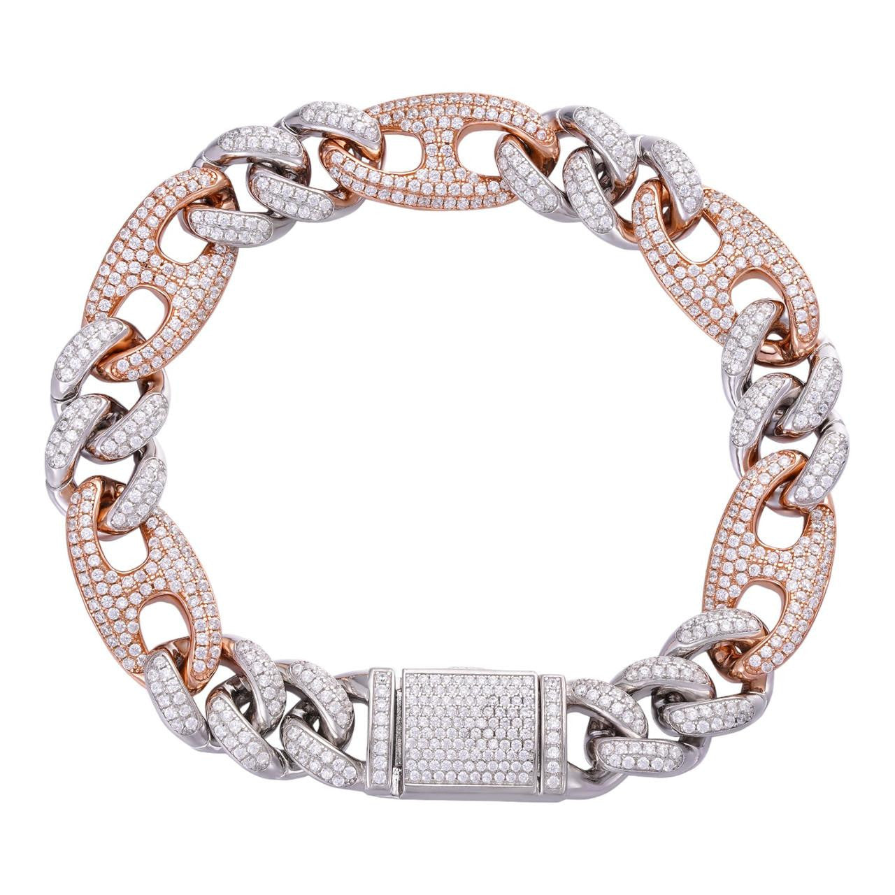 HarlemBling Figarucci Figaro Mariner Cross Link Bracelet Iced Out CZ Stones - 14k Rose Gold Vermeil & 925 Silver - 12mm - 8.5"
