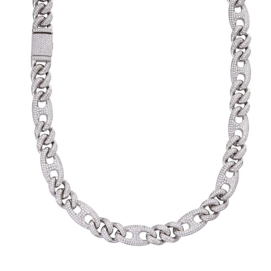 HarlemBling Figarucci Figaro Mariner Cross Link Chain Necklace Iced Out CZ Stones - 925 Silver - 12mm - 18"-30"