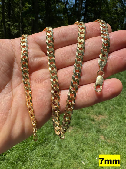 HarlemBling Flat Curb Cuban Chain Necklace - 14k Gold Vermeil 925 Sterling Silver - 16"-30" - 3mm-10.5mm