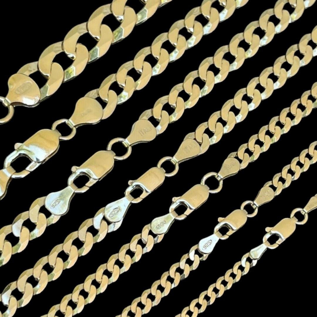 HarlemBling Flat Curb Cuban Chain Necklace - 14k Gold Vermeil 925 Sterling Silver - 16"-30" - 3mm-10.5mm