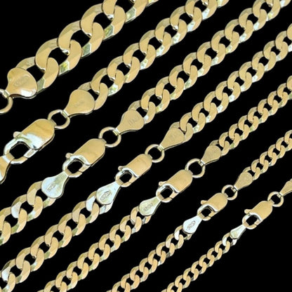 HarlemBling Flat Curb Cuban Chain Necklace - 14k Gold Vermeil 925 Sterling Silver - 16"-30" - 3mm-10.5mm