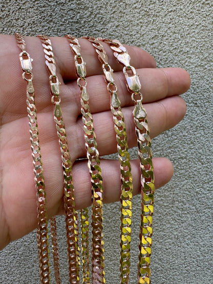 HarlemBling Flat Curb Cuban Chain Necklace - 14k Rose Gold Vermeil 925 Sterling Silver - 16"-30" - 3mm-8mm