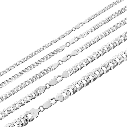 HarlemBling Flat Curb Cuban Chain Necklace - Diamond Cut 925 Sterling Silver - 16"-30" - 3mm-10.5mm