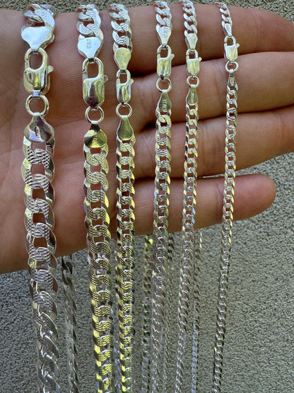 HarlemBling Flat Curb Cuban Chain Necklace - Diamond Cut 925 Sterling Silver - 16"-30" - 3mm-10.5mm