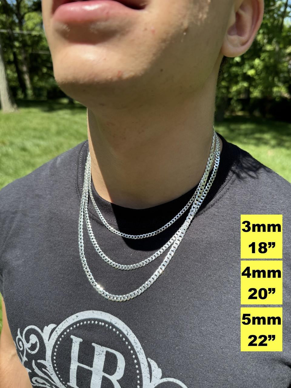 HarlemBling Flat Curb Cuban Chain Necklace - Diamond Cut 925 Sterling Silver - 16"-30" - 3mm-10.5mm