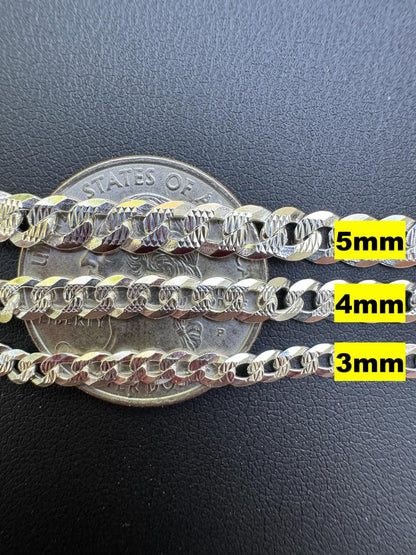 HarlemBling Flat Curb Cuban Chain Necklace - Diamond Cut 925 Sterling Silver - 16"-30" - 3mm-10.5mm