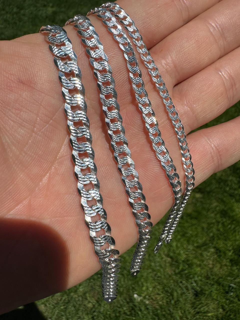 HarlemBling Flat Curb Cuban Chain Necklace - Diamond Cut 925 Sterling Silver - 16"-30" - 3mm-10.5mm