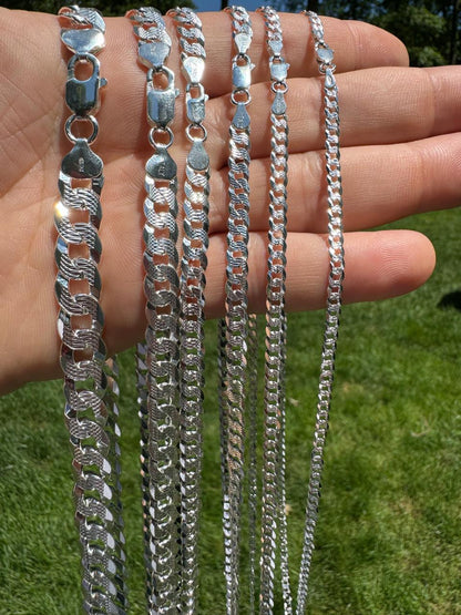 HarlemBling Flat Curb Cuban Chain Necklace - Diamond Cut 925 Sterling Silver - 16"-30" - 3mm-10.5mm