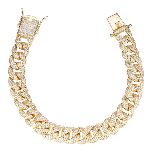 HarlemBling Flat Miami Cuban Link Bracelet Iced Out CZ Stones -14k Gold Vermeil & 925 Silver - 12mm - 7"-9"